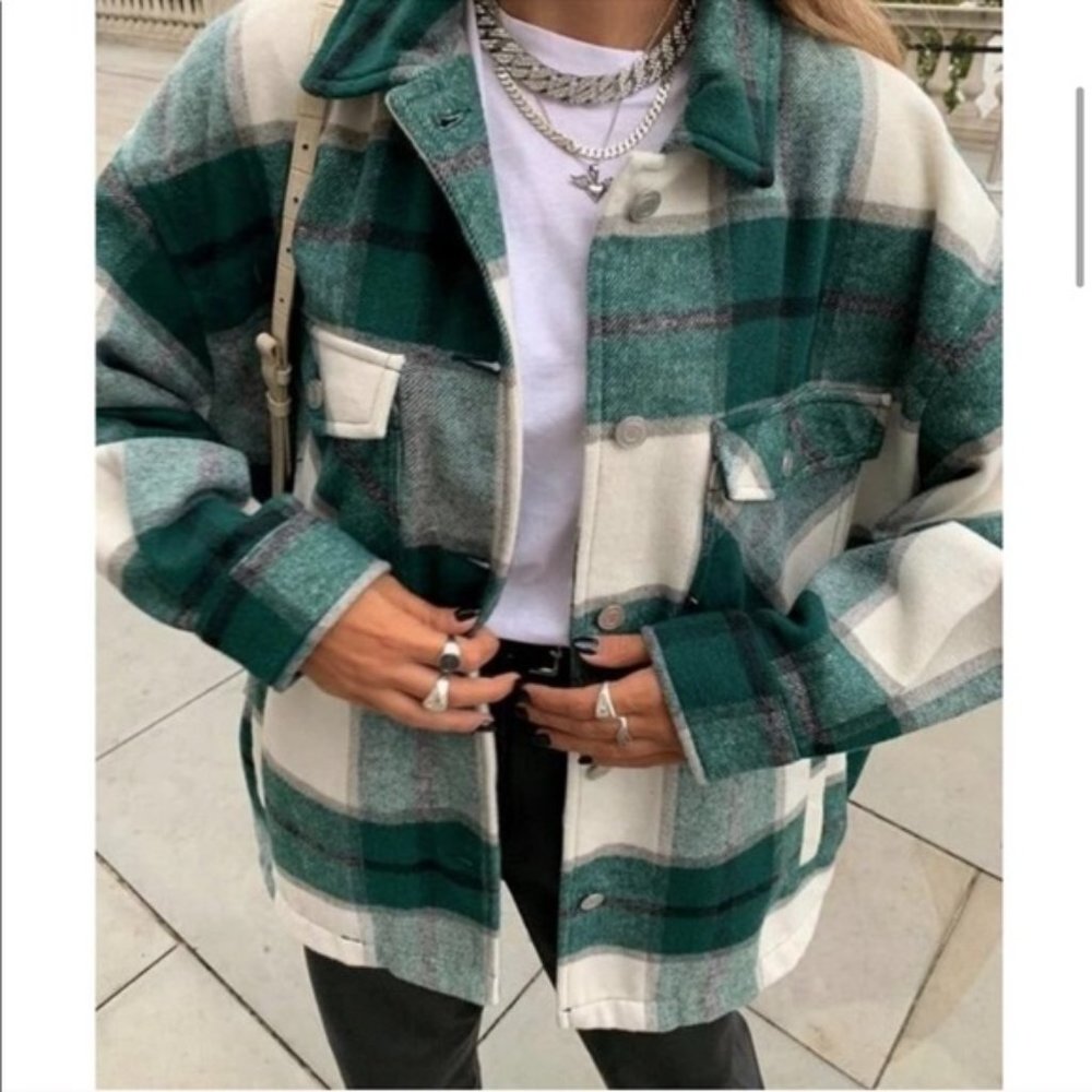 New Plaid Stripe Oversized Flannel Shirt Shacket Jacket Coat Western - Picture 7 of 10
